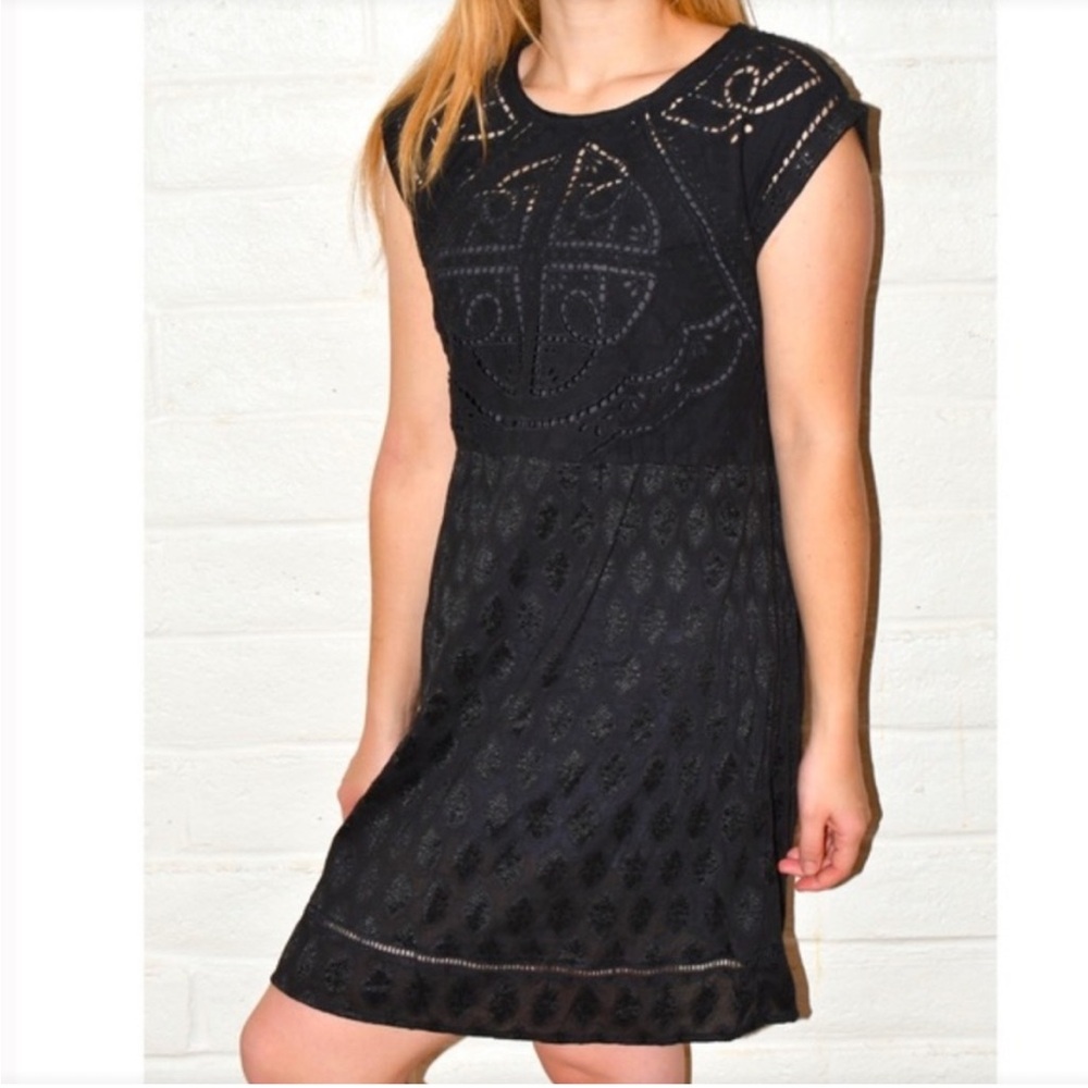Anthropologie Vanessa Virginia Eyelet Black Embroidered Dress Art Deco Mini XS